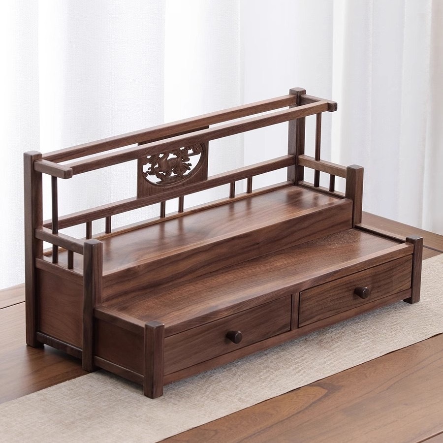 胡桃木雙層茶具收納瀝水置物架