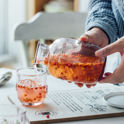 復古浮雕花朵壺杯大容量玻璃涼水壺