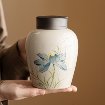 草木灰藍荷花茶葉罐