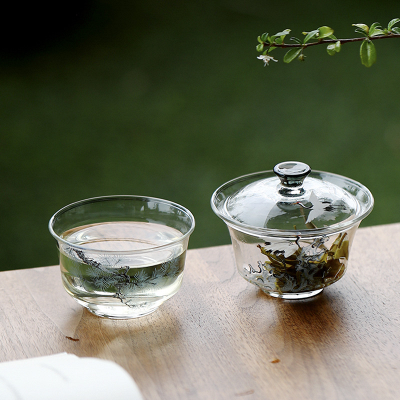 松鶴耐熱玻璃蓋碗茶杯