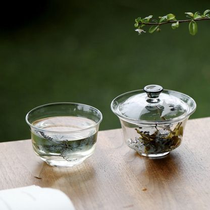 松鶴耐熱玻璃蓋碗茶杯