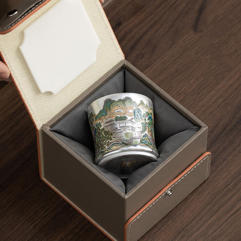 鎏銀錦彩山谷提梁壺