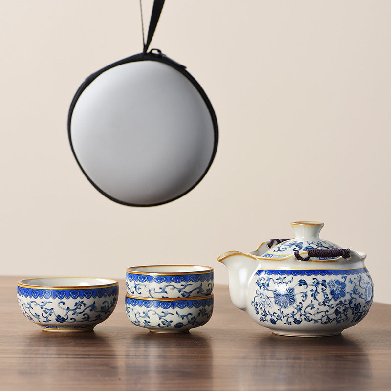 Ancient Blue & Beige Ruyao Travel Tea Set - Portable One Pot with Three Cups, Outdoor Ceramic Teapot with Intertwining Lotus Design