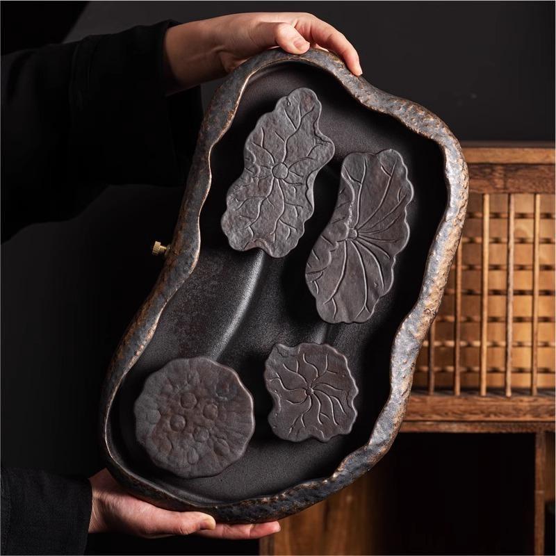 粗陶鎏金荷塘幹泡禪意茶盤