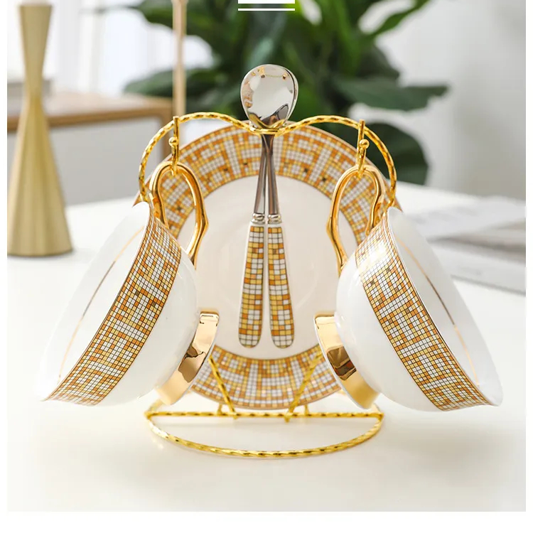 北歐輕奢金方格咖啡杯碟套裝