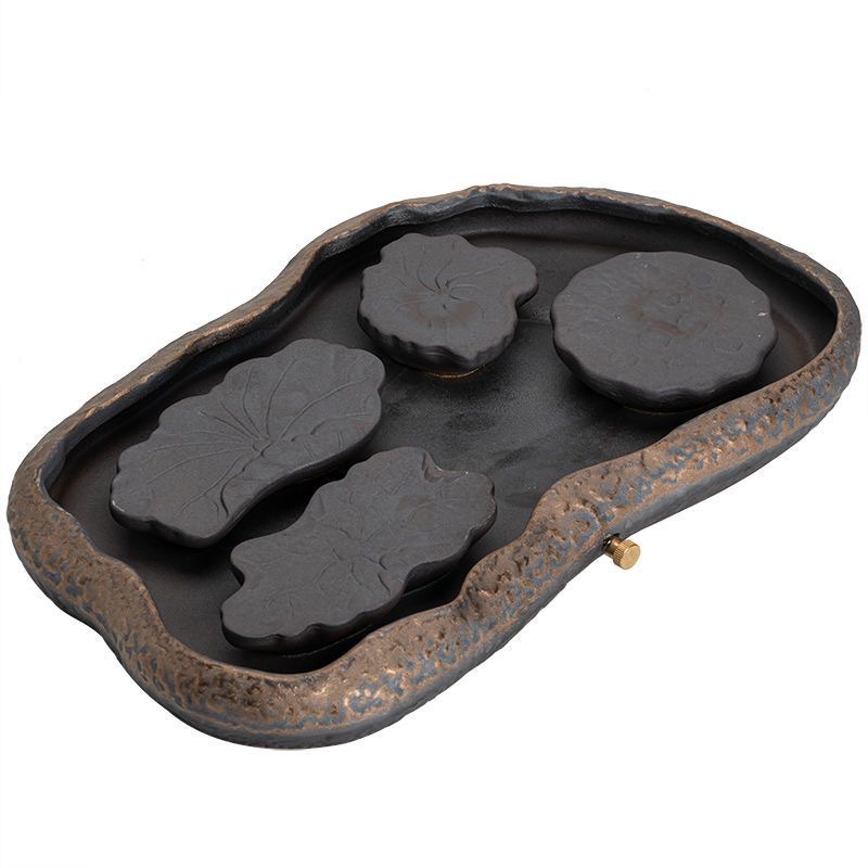 粗陶鎏金荷塘幹泡禪意茶盤