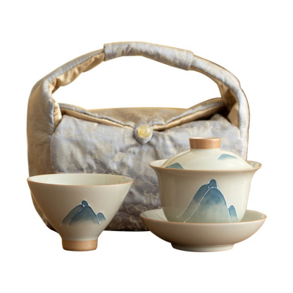 手繪浮雕山水陶瓷蓋碗