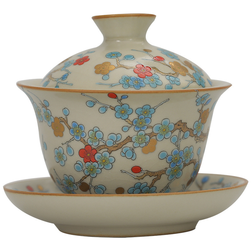 汝窯金梅復古青花三才蓋碗