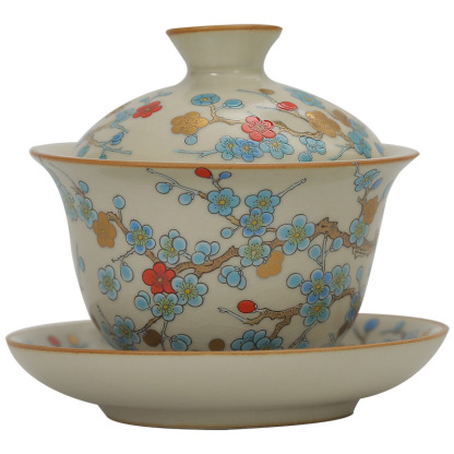 汝窯金梅復古青花三才蓋碗