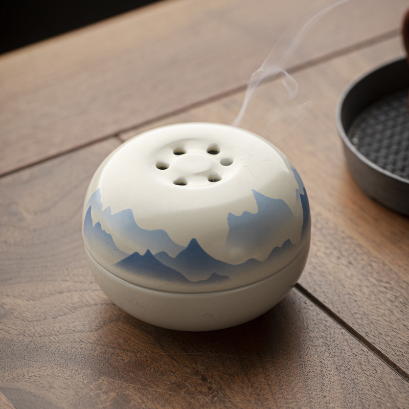 草木灰手繪山水陶瓷香爐室內擺件