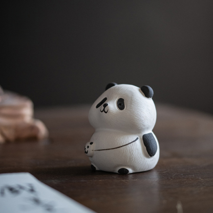 紫砂茶寵 手工白段泥茶道小熊貓擺件