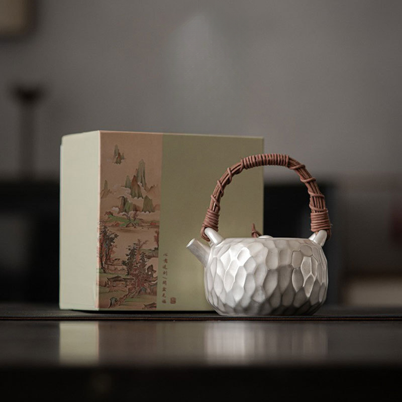 日式手工鎏銀錘紋提梁壺