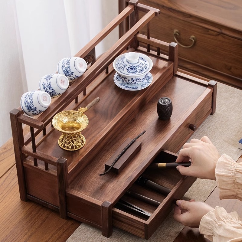 胡桃木雙層茶具收納瀝水置物架