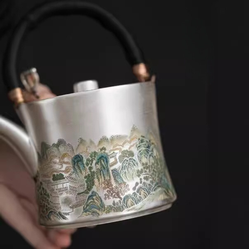 鎏銀金彩山谷提梁壺