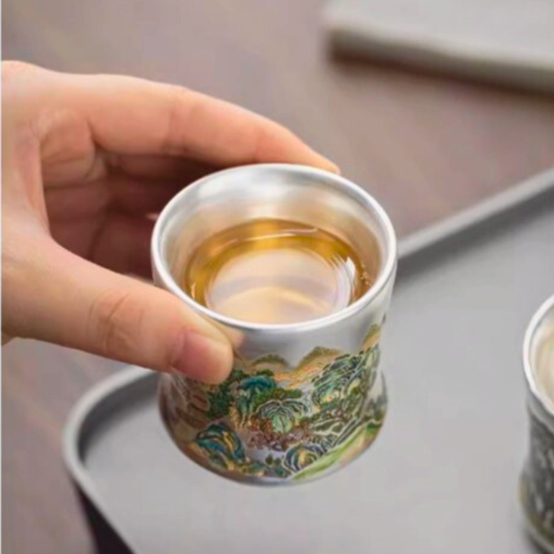 鎏銀錦彩山谷提梁壺