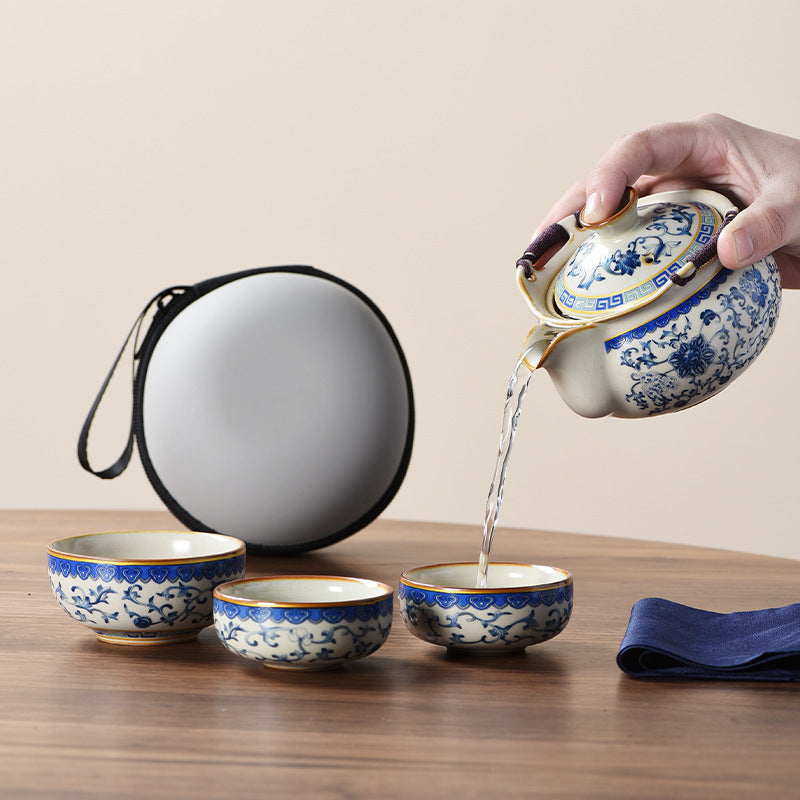 Ancient Blue & Beige Ruyao Travel Tea Set - Portable One Pot with Three Cups, Outdoor Ceramic Teapot with Intertwining Lotus Design