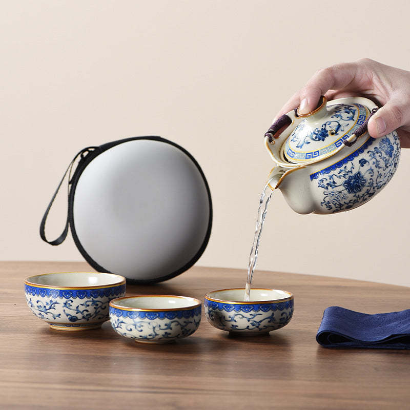 Ancient Blue & Beige Ruyao Travel Tea Set - Portable One Pot with Three Cups, Outdoor Ceramic Teapot with Intertwining Lotus Design