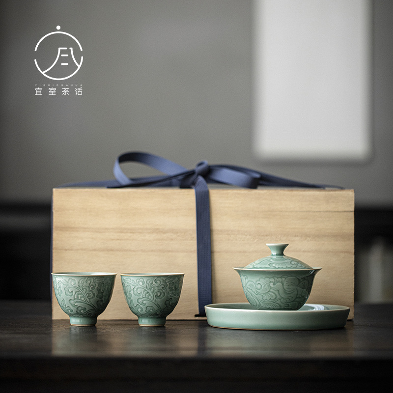 越窯梅子青瓷蓋碗茶具套裝伴手禮