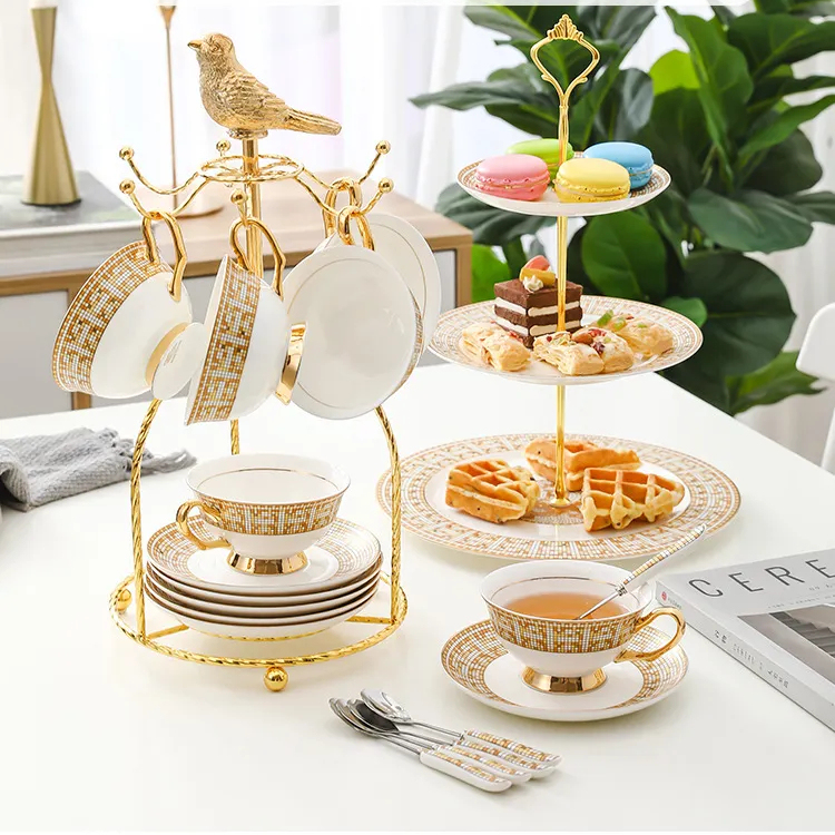 北歐輕奢金方格咖啡杯碟套裝