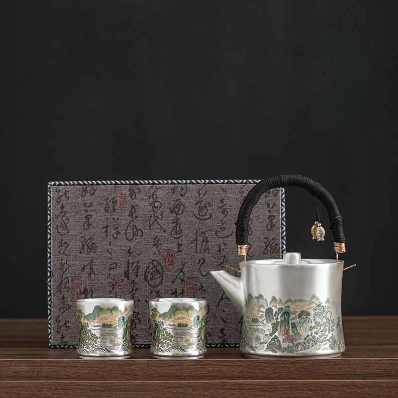 鎏銀錦彩山谷提梁壺