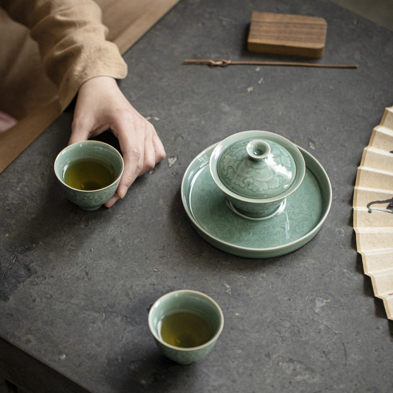 越窯梅子青瓷蓋碗茶具套裝伴手禮