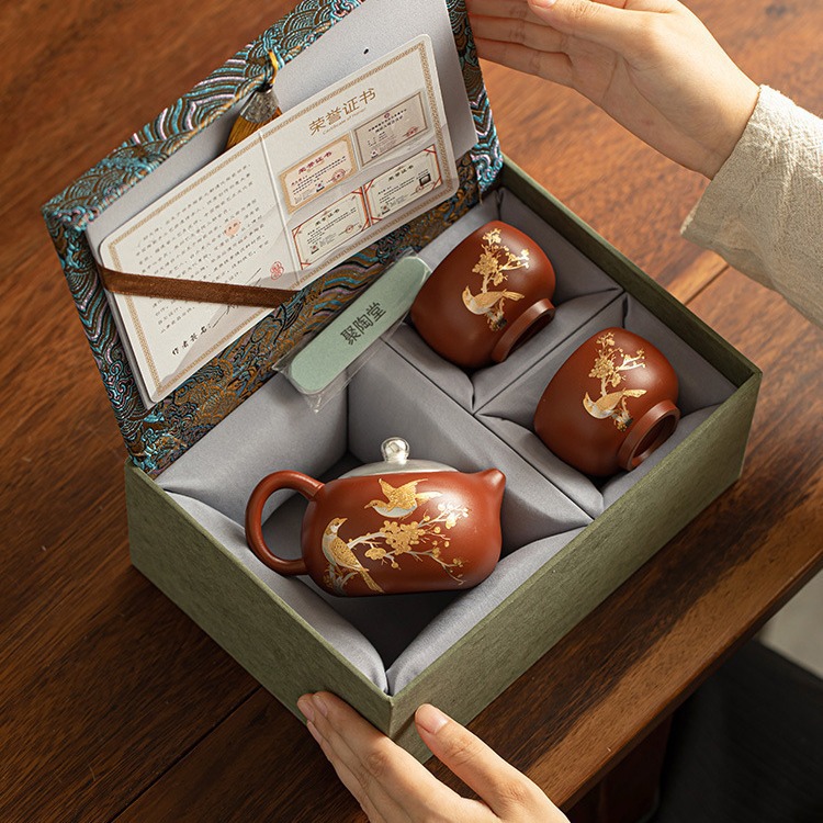 紫砂西施壺喜上眉梢高檔一壺兩杯茶壺禮盒裝