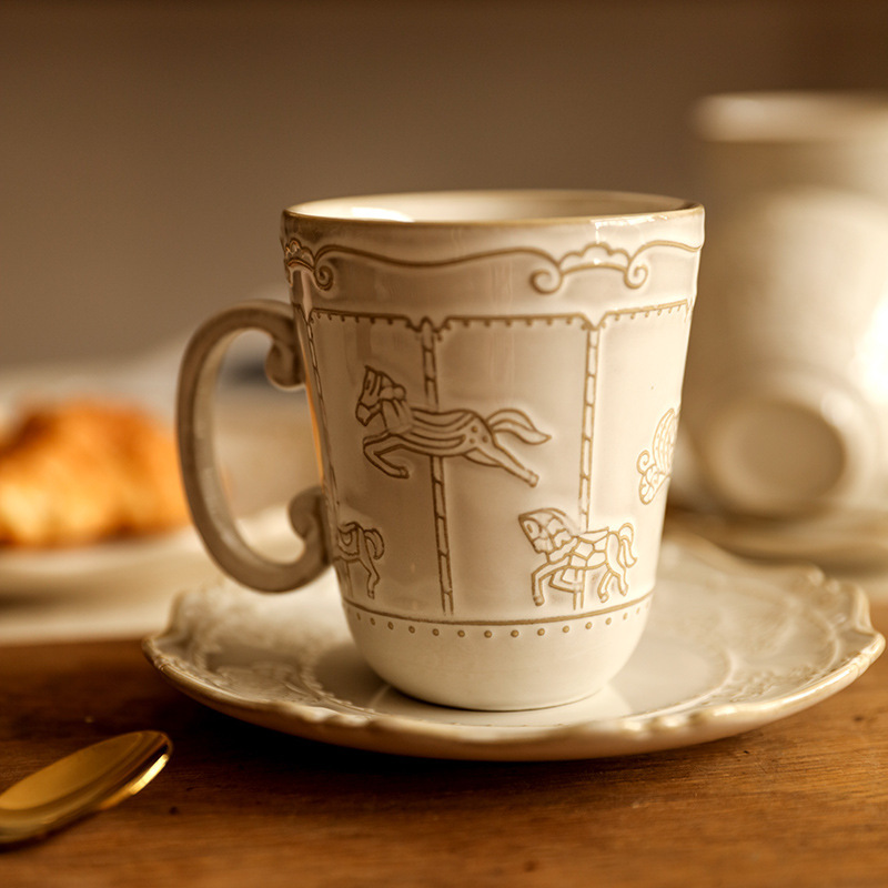 法式復古浮雕旋轉木馬陶瓷咖啡杯碟