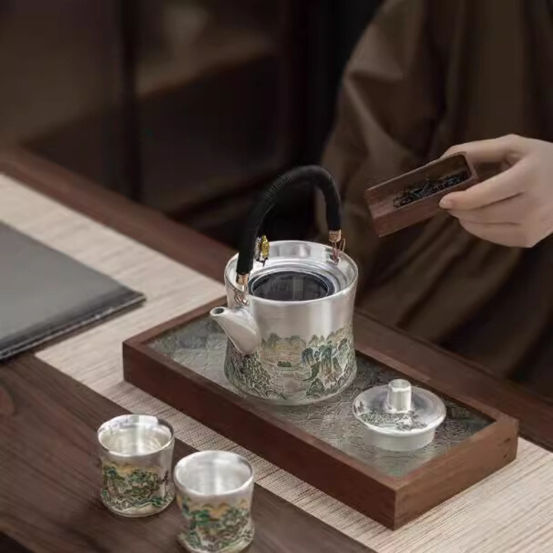 鎏銀金彩山谷提梁壺