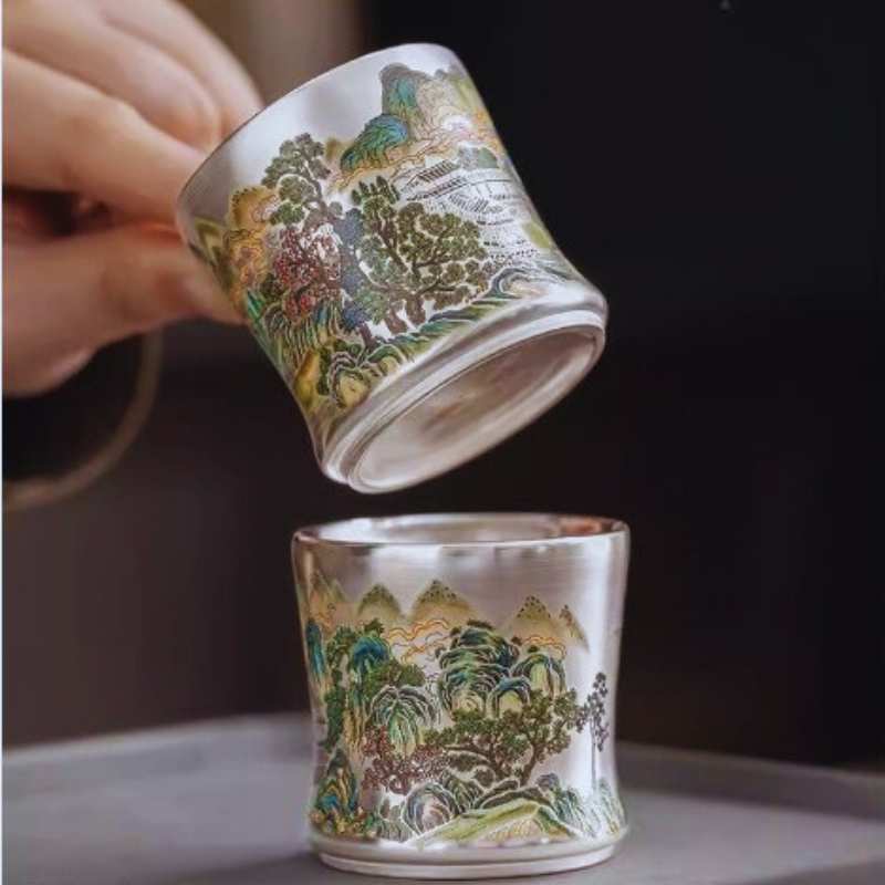 鎏銀錦彩山谷提梁壺