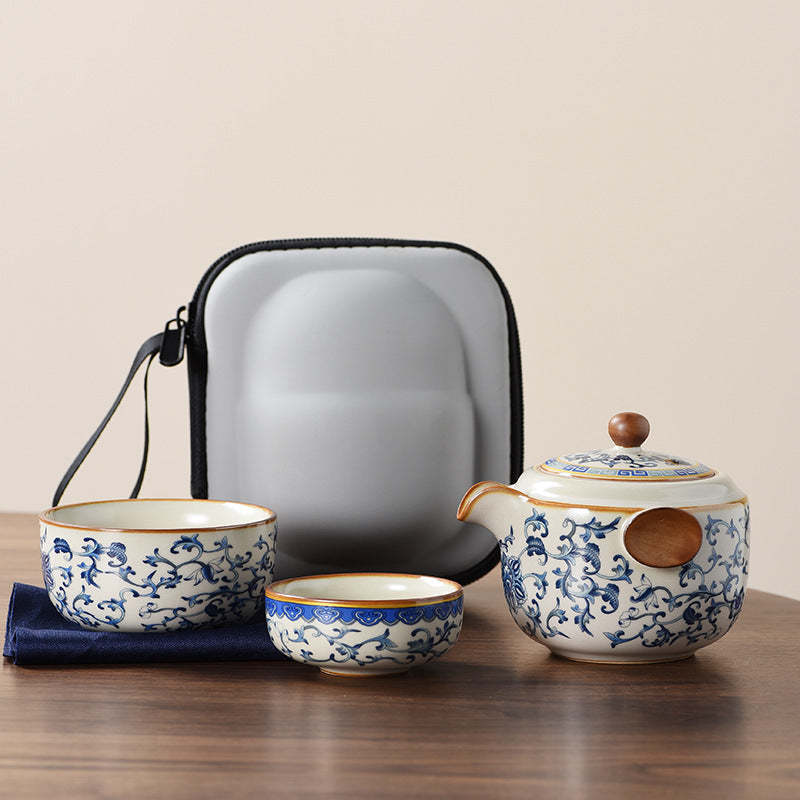 Ancient Blue & Beige Ruyao Travel Tea Set - Portable One Pot with Three Cups, Outdoor Ceramic Teapot with Intertwining Lotus Design