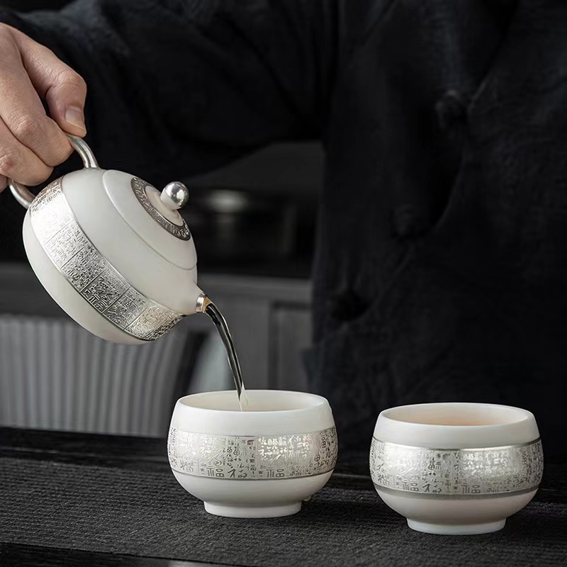 羊脂玉鎏銀百福西施壺主人杯