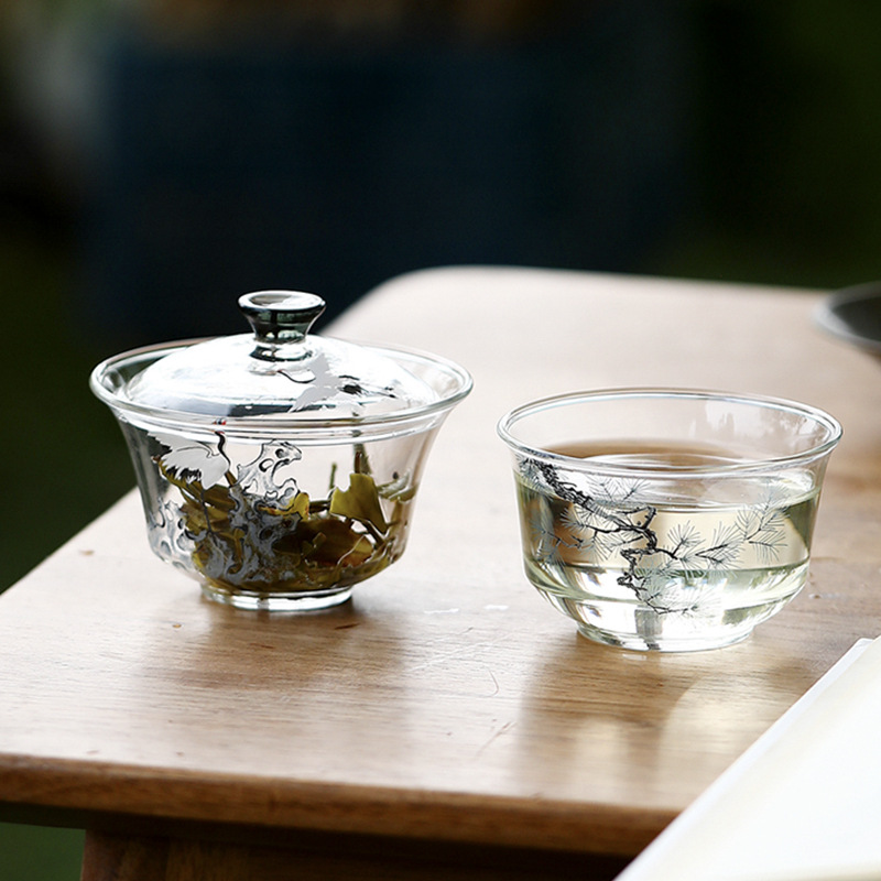 松鶴耐熱玻璃蓋碗茶杯