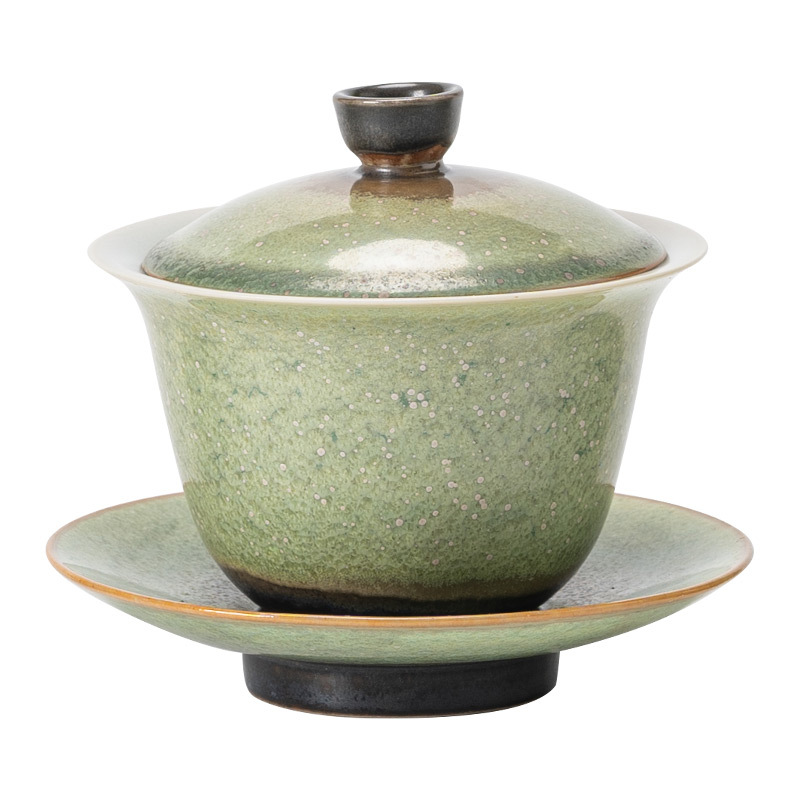 窯變星空翠綠復古三才蓋碗