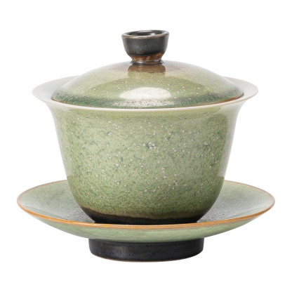 窯變星空翠綠復古三才蓋碗