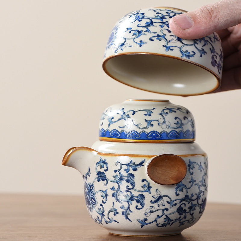 Ancient Blue & Beige Ruyao Travel Tea Set - Portable One Pot with Three Cups, Outdoor Ceramic Teapot with Intertwining Lotus Design