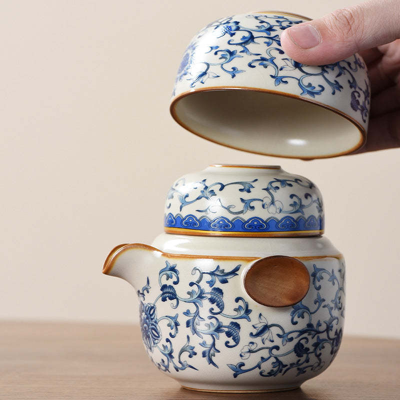 Ancient Blue & Beige Ruyao Travel Tea Set - Portable One Pot with Three Cups, Outdoor Ceramic Teapot with Intertwining Lotus Design