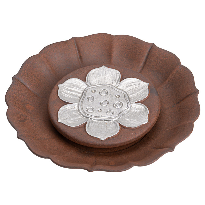 鎏銀粗陶老泥芳蓮壺承