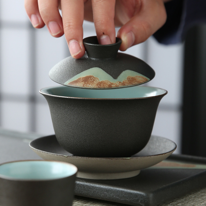 日式手繪陶瓷三才蓋碗