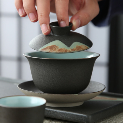 日式手繪陶瓷三才蓋碗