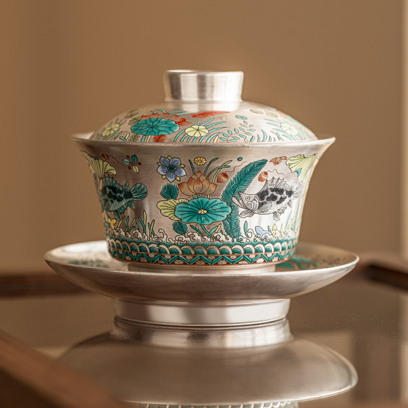 魚藻紋鎏銀三才蓋碗