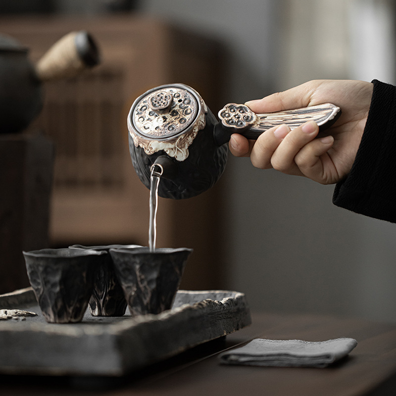 侘寂風粗陶手工側把壺