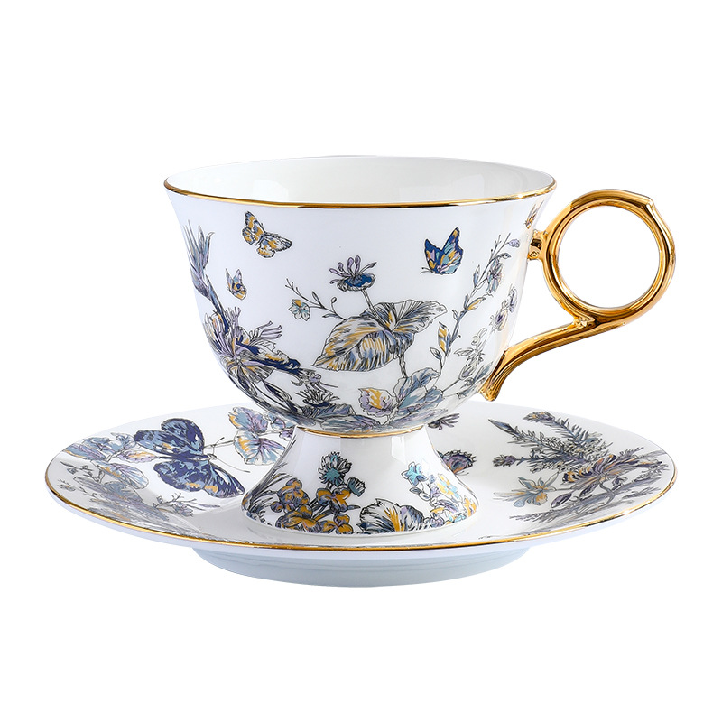 復古高腳設計歐式骨瓷咖啡杯碟套裝