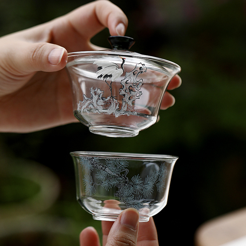 松鶴耐熱玻璃蓋碗茶杯