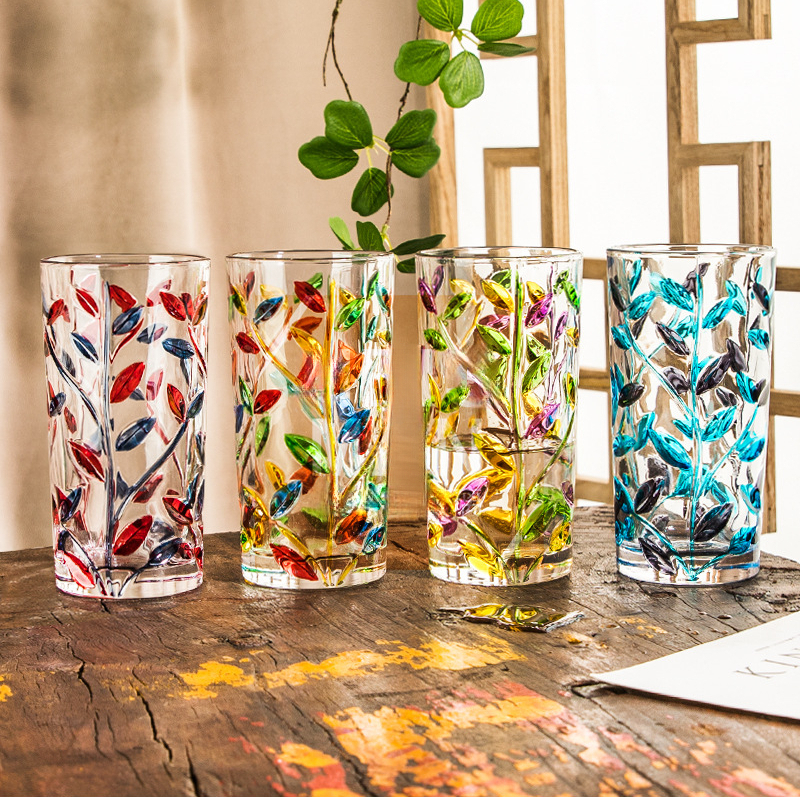 手工彩繪樹枝玻璃刻畫水杯
