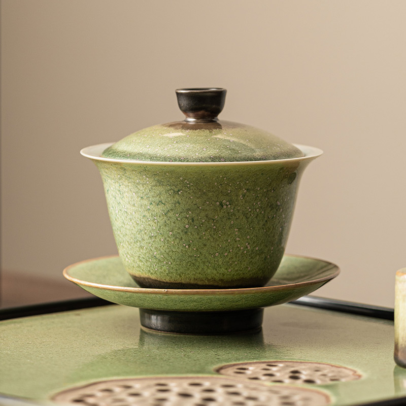 窯變星空翠綠復古三才蓋碗