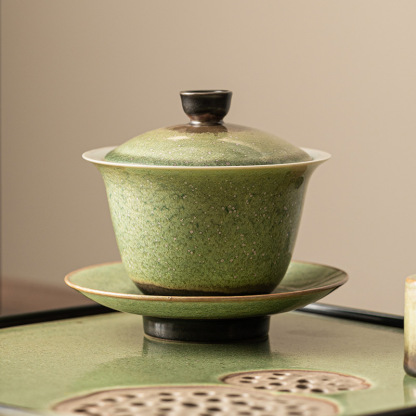 窯變星空翠綠復古三才蓋碗