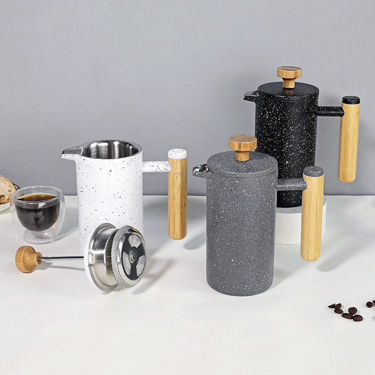 新款水墨風雙層304不銹鋼法壓壺