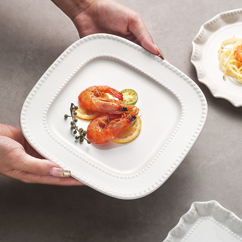 北歐風純白陶瓷花邊圓盤方盤