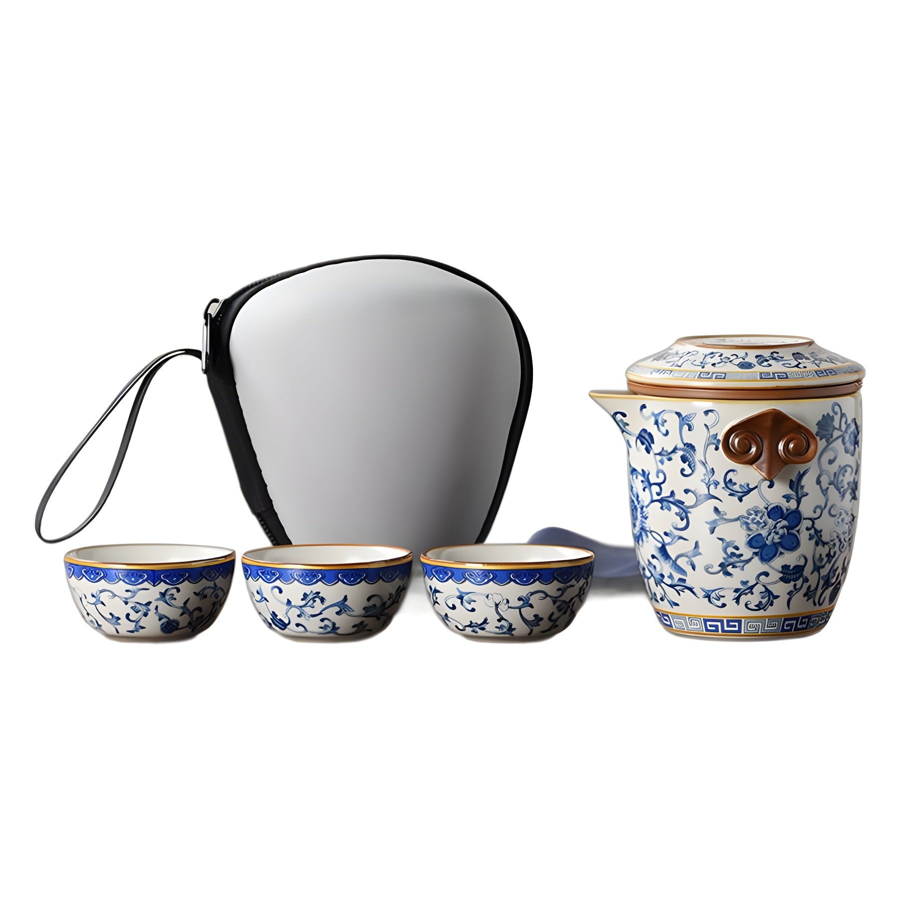 Ancient Blue & Beige Ruyao Travel Tea Set - Portable One Pot with Three Cups, Outdoor Ceramic Teapot with Intertwining Lotus Design