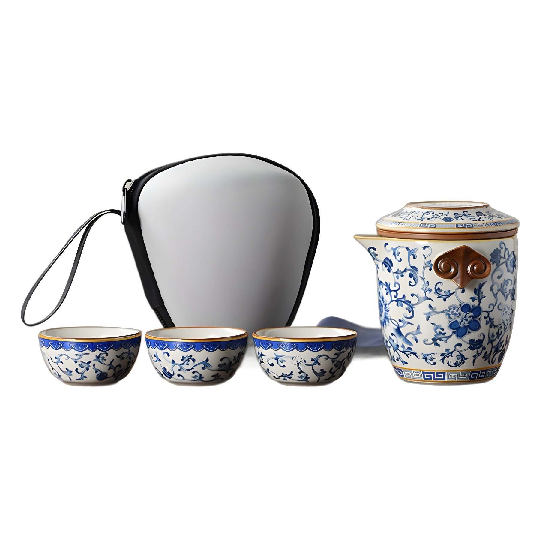 Ancient Blue & Beige Ruyao Travel Tea Set - Portable One Pot with Three Cups, Outdoor Ceramic Teapot with Intertwining Lotus Design